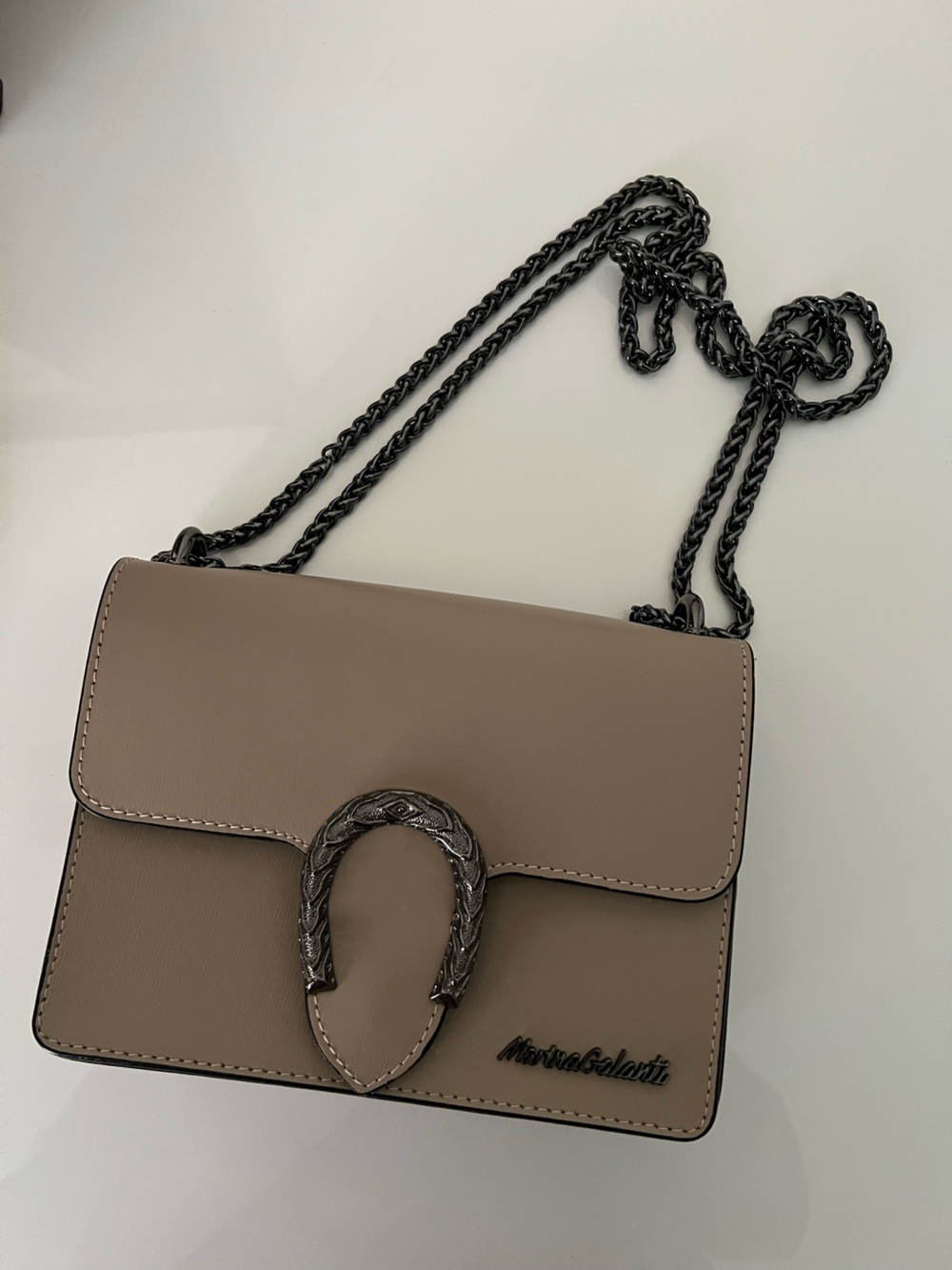 Martina Galanti Taupe Crossbody Bag with Gunmetal Chain